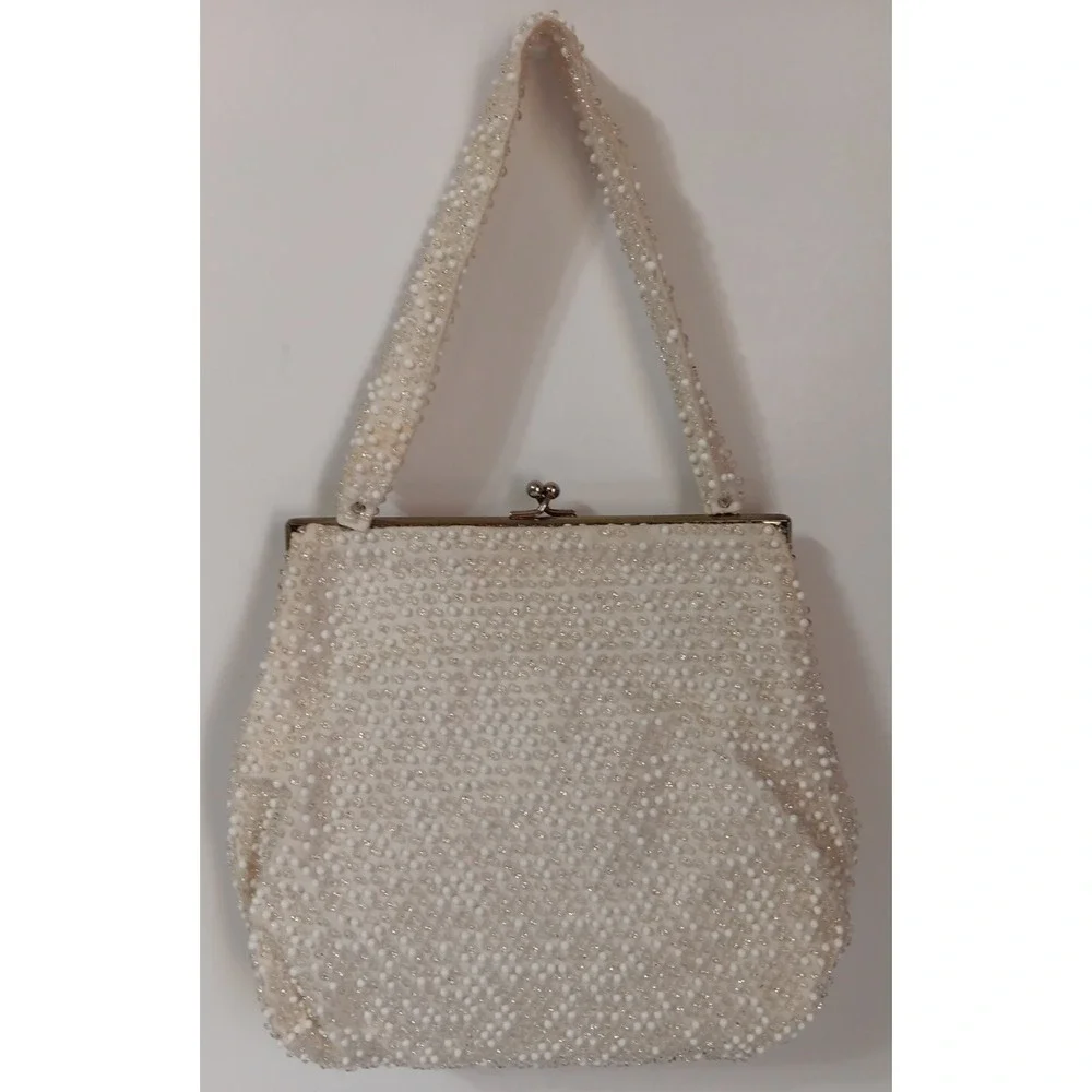 Vintage Beaded Purse Bag Cream White Kiss Lock Clasp Bridal‎ Formal Evening READ